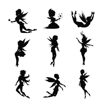 Set of silhouettes of fairies isolated on white background.