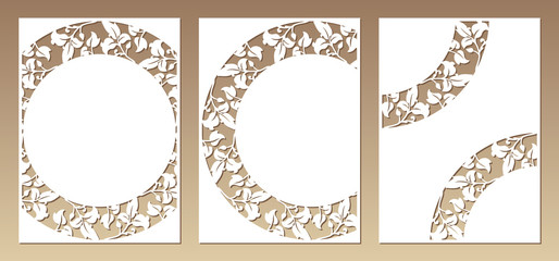 Set of three cards with openwork floral pattern. Laser cutting v