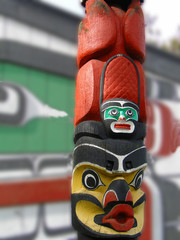 Detail, Totem pole carved from cedar, Thunderbird Park, Victoria, BC, Canada