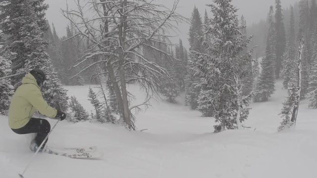 male skier makes turns between two trees on wide open fresh snow covered face with a moving camera shot