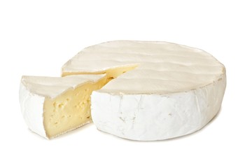 Brie cheese with cut slice isolated on a white background