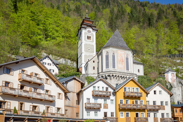 Fototapeta na wymiar Hallstatt center with houses and church, Salzkammergut, Austria