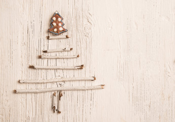 Handmade New Year decoration over shabby wooden background