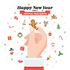 Christmas card with Santa's hand holding gingerbread. Flat design