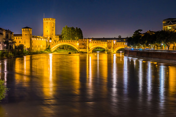 Castle Vecchio at summer night in Verona, Italy. Beautiful travel photo of Italy.