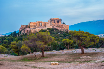 Parthenon and Herodium construction in Acropolis Hill in Athens, Greece. Beautiful landscape with...
