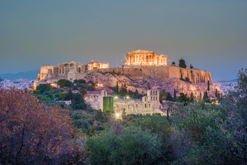 Parthenon and Herodium construction in Acropolis Hill in Athens, Greece shot in blue hour