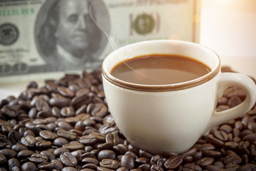 Roasted coffee beans and hot coffee