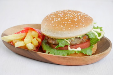 Homemade burger with french fries