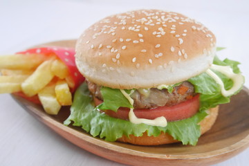 Homemade burger with french fries