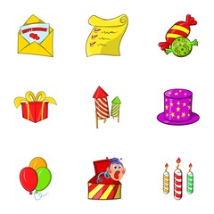 Children party icons set. Cartoon illustration of 9 children party vector icons for web