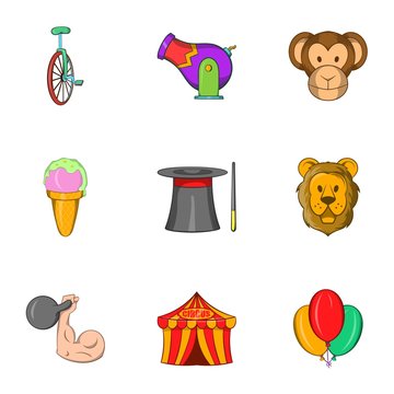 Circus performance icons set. Cartoon illustration of 9 circus performance vector icons for web