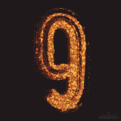 Vector grungy font 001. Number 9. Abstract bright golden shimmer glowing round particles vector background. Scatter shine tinsel light effect. Hand made grunge shape design element