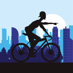 Fototapeta na wymiar Man riding bike icon. Healthy lifestyle racing ride and sport theme. City silhouette background. Vector illustration