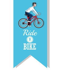 Man riding bike inside ribbon icon. Healthy lifestyle racing ride and sport theme. Vector illustration