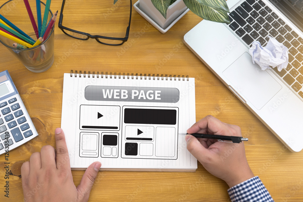 Poster web design template and web page closeup shot of laptop with di
