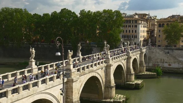 rome city famous sunny day tiber river saint angelo bridge 4k italy 
