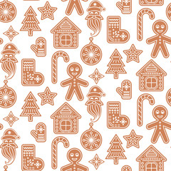 Gingerbread cookies vector seamless pattern. Christmas traditional ginger cookie figures for holiday treat. Xmas biscuit with cream decoration.