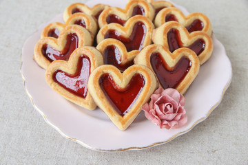 Heart shaped strawberry jam and chocolate cookies for Valentines