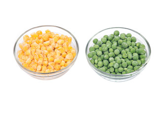 Frozen organic peas and corn bowl isolated on white background