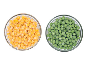 Frozen organic peas and corn bowl isolated on white background