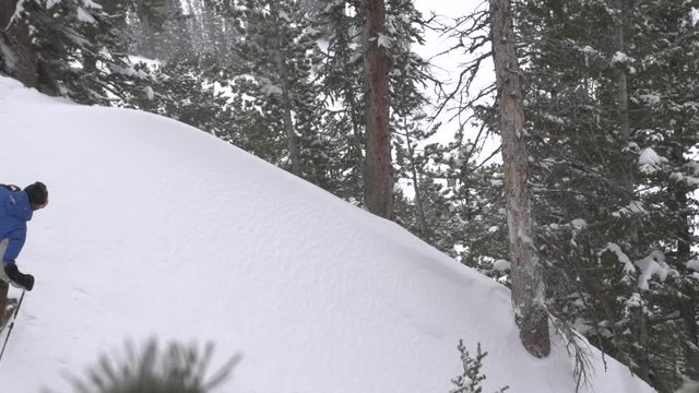 Skiing in Winter Snow to make Snowy Spray in the Backcountry Forest Extreme ski in Slow Motion