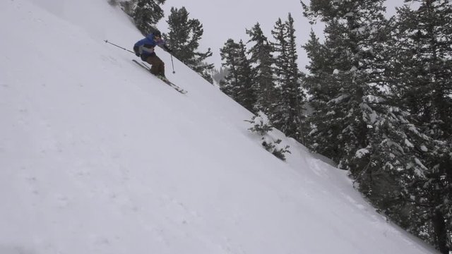 Skiing  in the Mountains to make Deep Powder Turn in Winter Snow (Slow Motion)