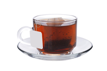 cup of tea with teabag isolated on white background