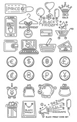 Black Friday line icon set. Huge discounts. Big sale. Line icons collection for your design. Vector illustration