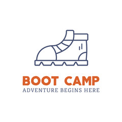 Camping adventure logo design with boot and typography elements. Vector text - boot camp. Backpacking symbol in retro style. Vector Monochrome. Nice for prints, tee design, web infographics.