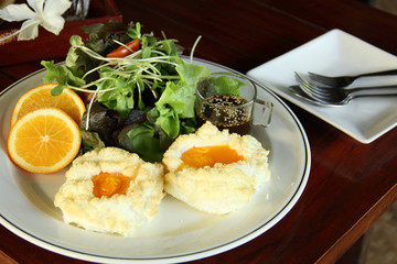 Vegetable Salad and fried eggs