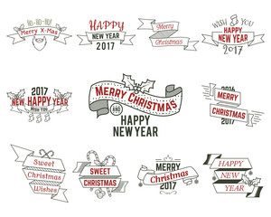 Fototapeta premium Happy Christmas wishes collection with ribbons and holiday symbols, elements - santa beard, sweets, tree, toys. Retro colors. Vector isolated