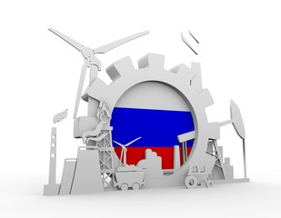 Energy and Power icons set with Russia flag. Sustainable energy generation and heavy industry. 3D rendering