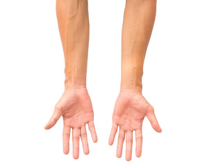 Man arm with blood veins on white background, health care and me