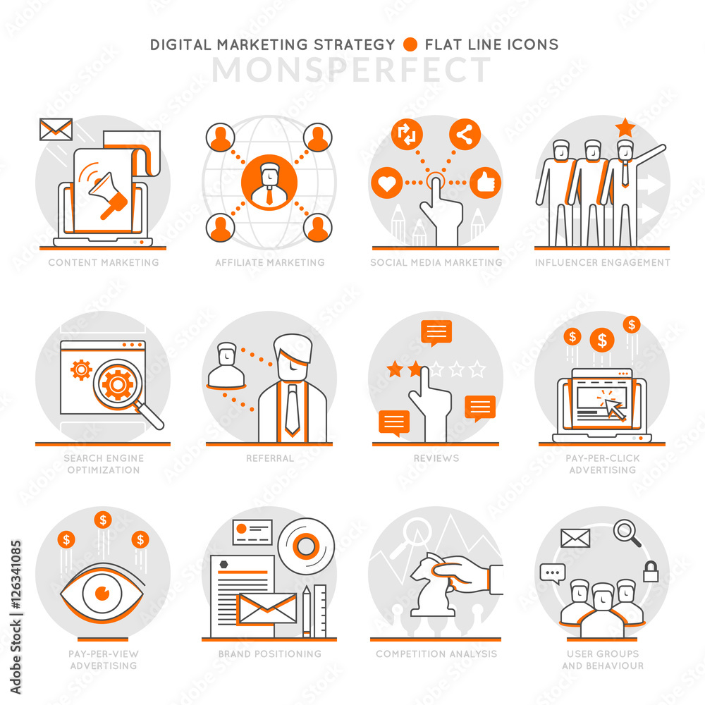 Poster infographics icons elements about digital marketing strategy. flat thin line icons set pictogram for