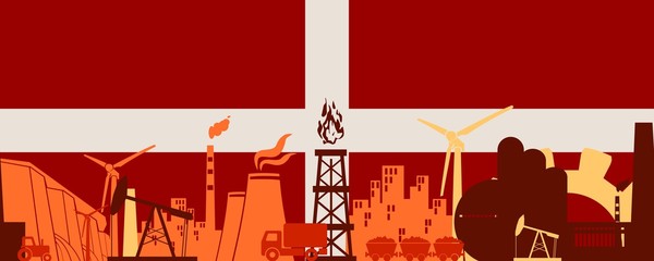 Energy and Power icons set on Denmark flag backdrop. Header or footer banner. Sustainable energy generation and heavy industry. Vector illustration. Seamless background