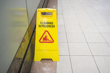 cleaning progress caution sign in public toilet