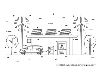Electric car charging station vector illustration. Electric (hybrid) automobile charging at the eco power station with solar panels and wind turbines concept.