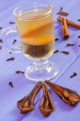 Fresh compote of dried fruits, ingredients and spices on boards