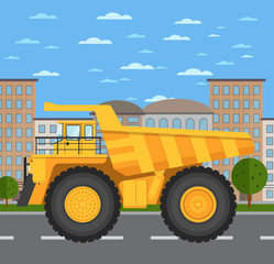 Obraz na płótnie Canvas Big yellow mining truck on road in city vector illustration. Urban cityscape background with skyscrapers. Modern dump truck side view. Vehicle for cargo transportation. Mining industry