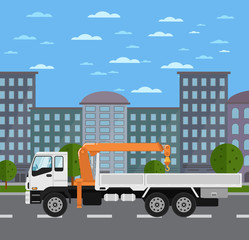 Commercial truck mounted crane on road in city vector illustration. Urban cityscape background with skyscrapers. Modern mobile hydraulic crane side view. Vehicle for cargo transportation service.