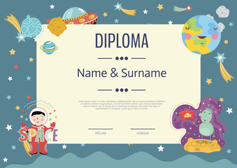 Diploma cartoon template. Spaceship, stars. planets, comets. For award for victory in scientific competition. Cartoon kids diploma template.