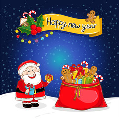 Fototapeta na wymiar Happy New Year greeting card with Santa Claus and big red sack full of gifts vector illustration. Smiling Santa with giftbox. Snowflakes background. Seasons greetings. Cartoon character