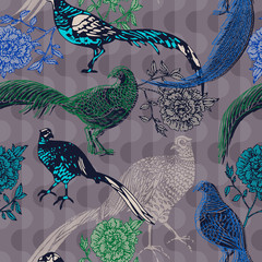 Vintage background with birds and flowers, fashion pattern