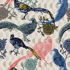 Vintage background with birds and flowers, fashion pattern - 126347099