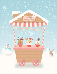 Merry christmas and happy new year with cute house cart on snow background.Illustration vector pastel colors.