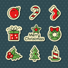 Christmas vector stickers. Set of outline Cristmas icons. Vector Illustration. Christmas and New Year concept.