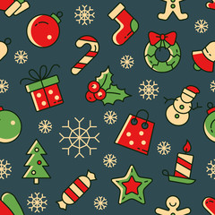 Christmas vector seamless pattern. Colorful outline  icons on deep blue background. Wrapping paper. Scrapbook paper.