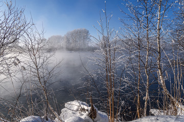 lake mist trees hoarfrost snow