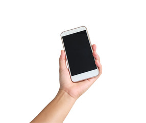 Woman hand holding the white smartphone on blurred backg
